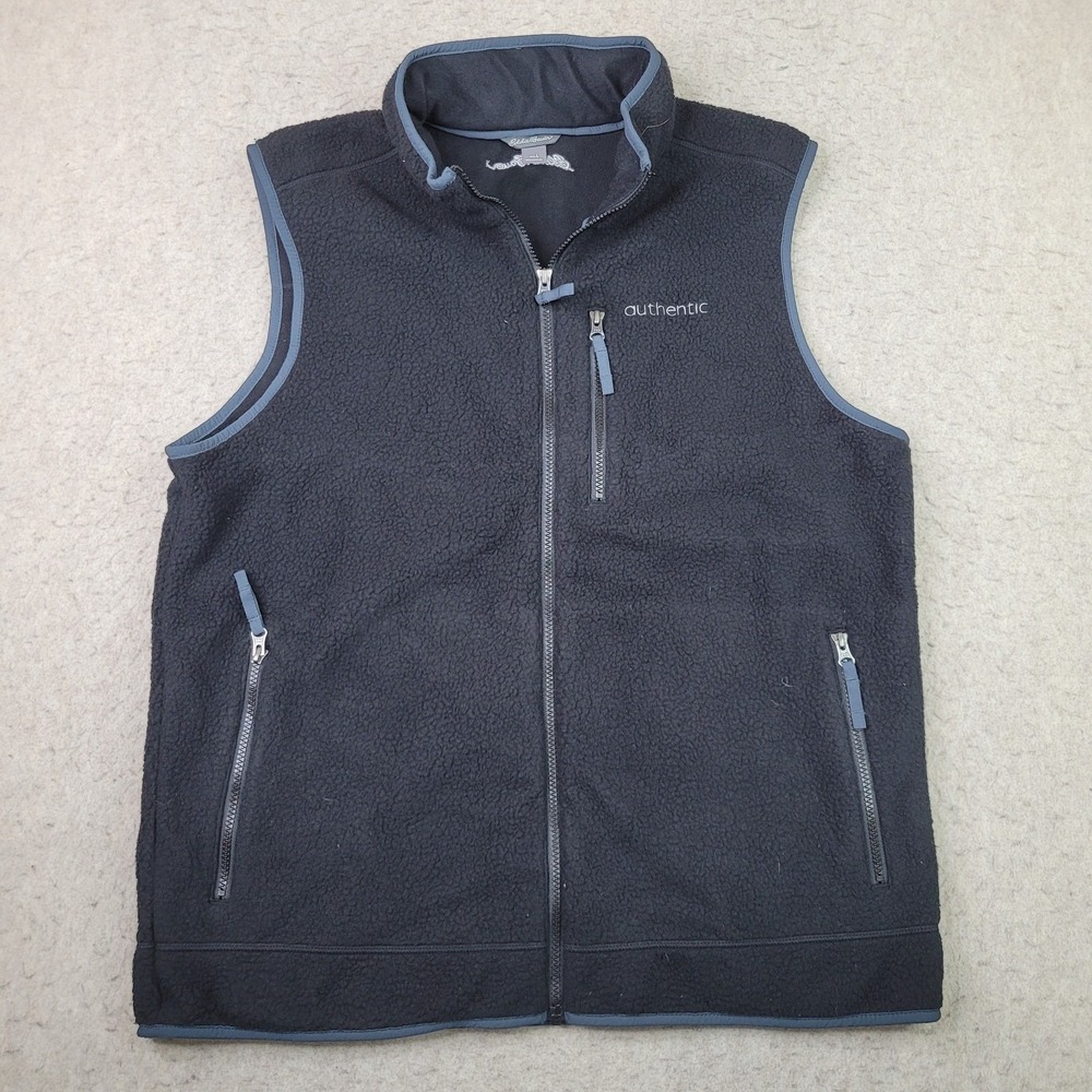 Eddie Bauer Men's L Large Sleeveless Full Zip Up Outdoor Fleece Vest Black Logo
